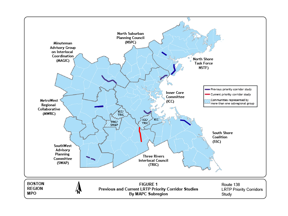 Figure 1, titled “Previous and Current LRTP Priority Corridor Studies by MAPC Subregion,” is a computer-drawn map that shows the subregions of the Boston Region Metropolitan Planning Organization area and the locations of previous and current priority corridor studies.